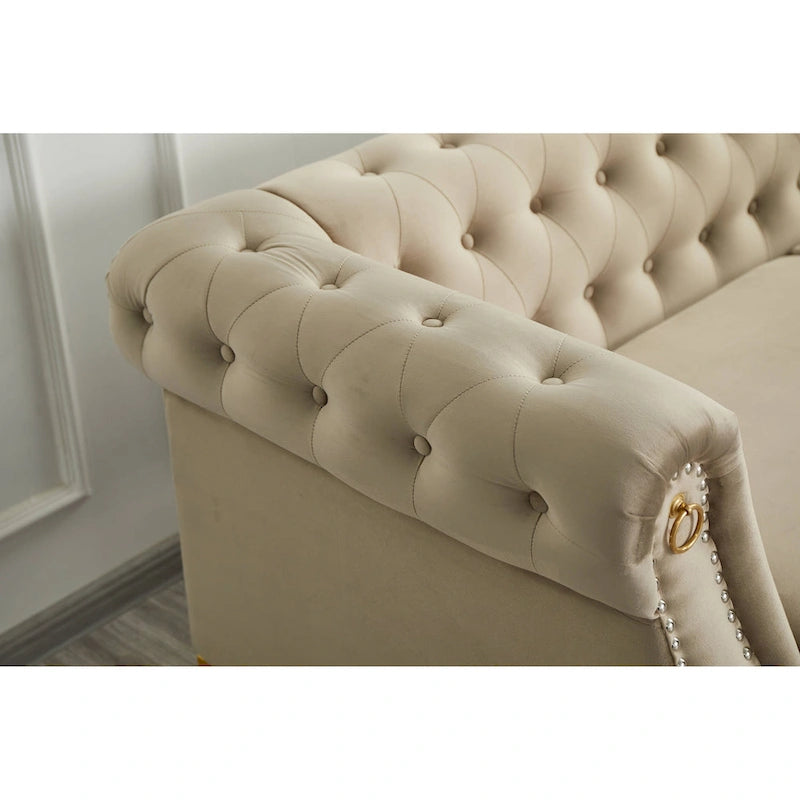 Canapé Chesterfield en velours avec capitonnage, accoudoirs évasés et clous décoratifs