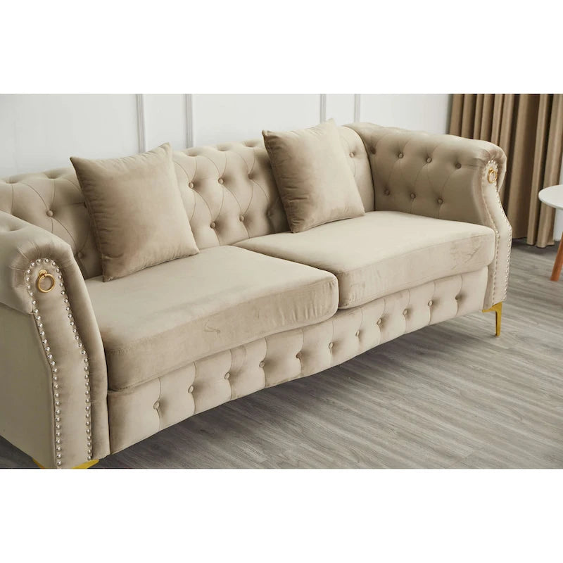 Canapé Chesterfield en velours avec capitonnage, accoudoirs évasés et clous décoratifs