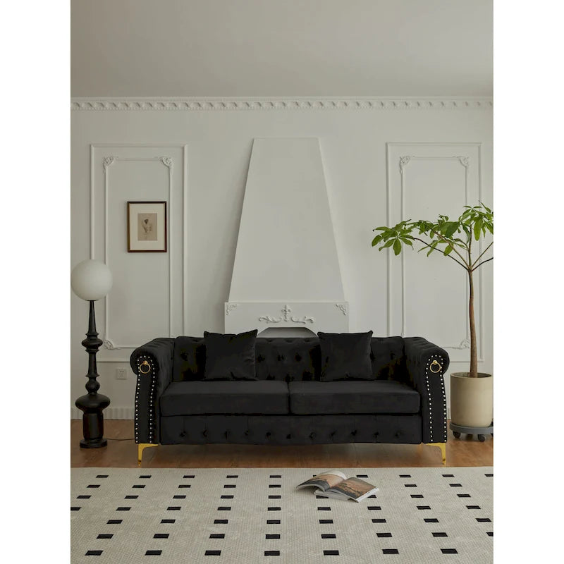 Canapé Chesterfield en velours avec capitonnage, accoudoirs évasés et clous décoratifs
