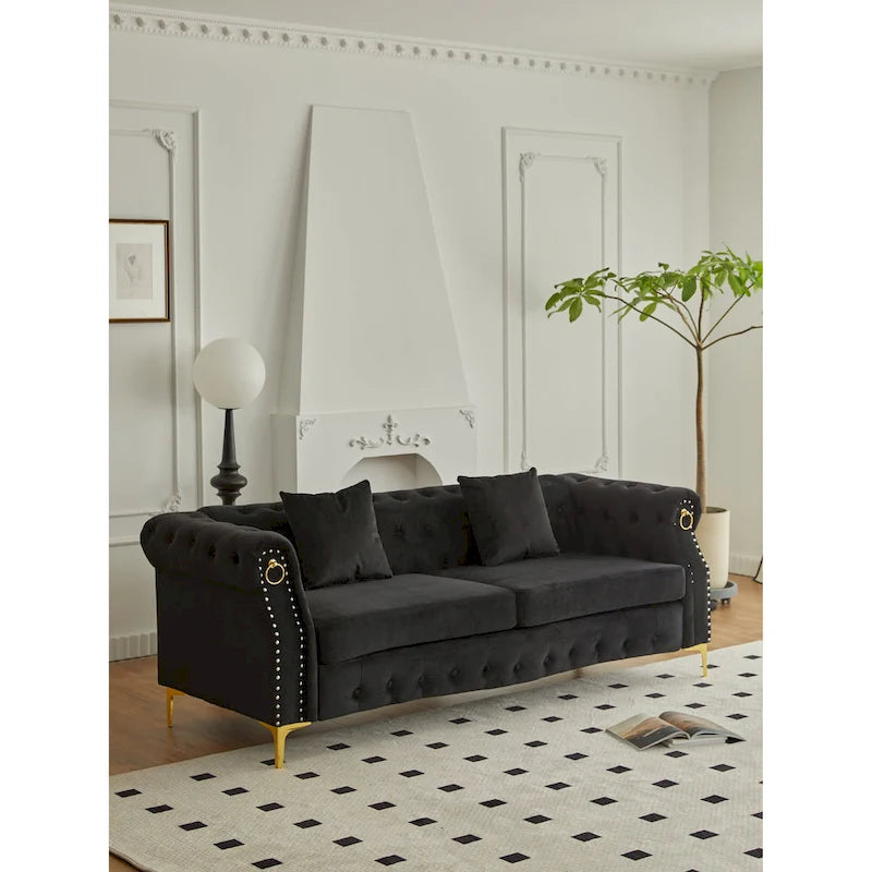Canapé Chesterfield en velours avec capitonnage, accoudoirs évasés et clous décoratifs