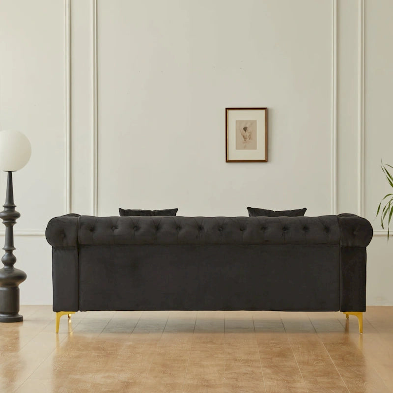 Canapé Chesterfield en velours avec capitonnage, accoudoirs évasés et clous décoratifs
