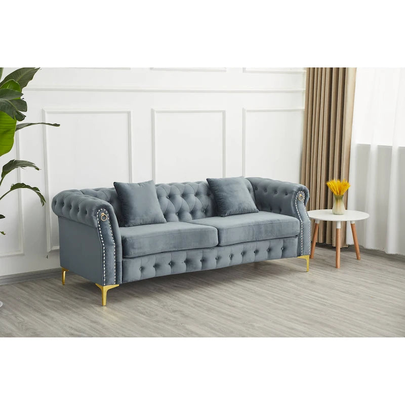 Canapé Chesterfield en velours avec capitonnage, accoudoirs évasés et clous décoratifs