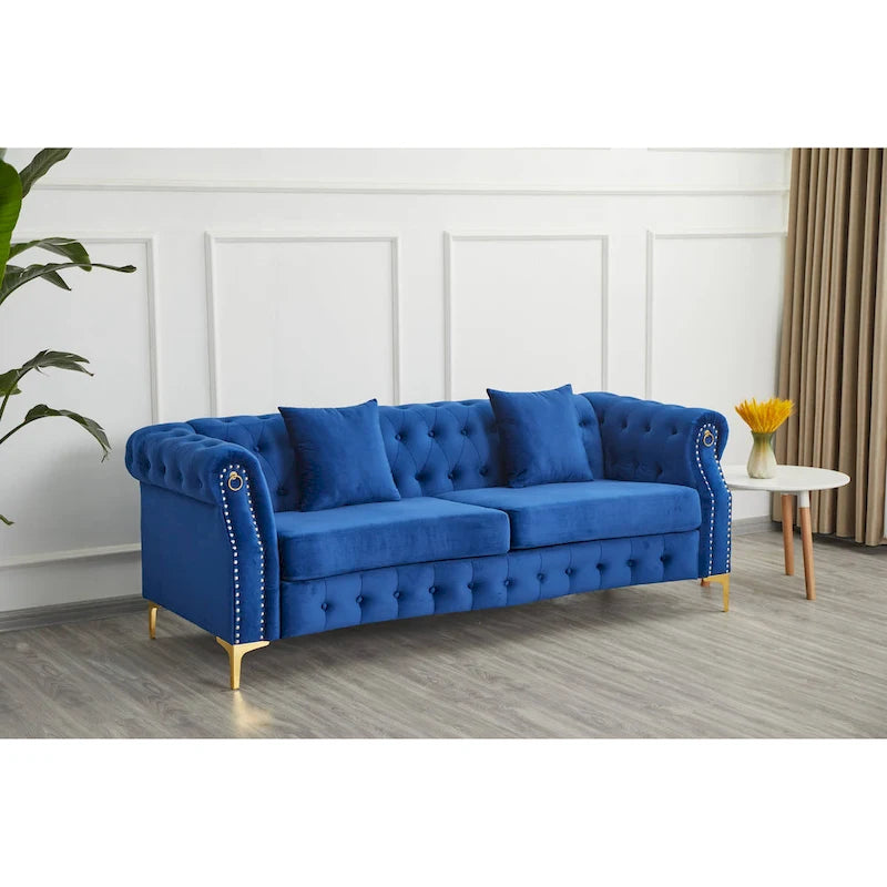 Canapé Chesterfield en velours avec capitonnage, accoudoirs évasés et clous décoratifs