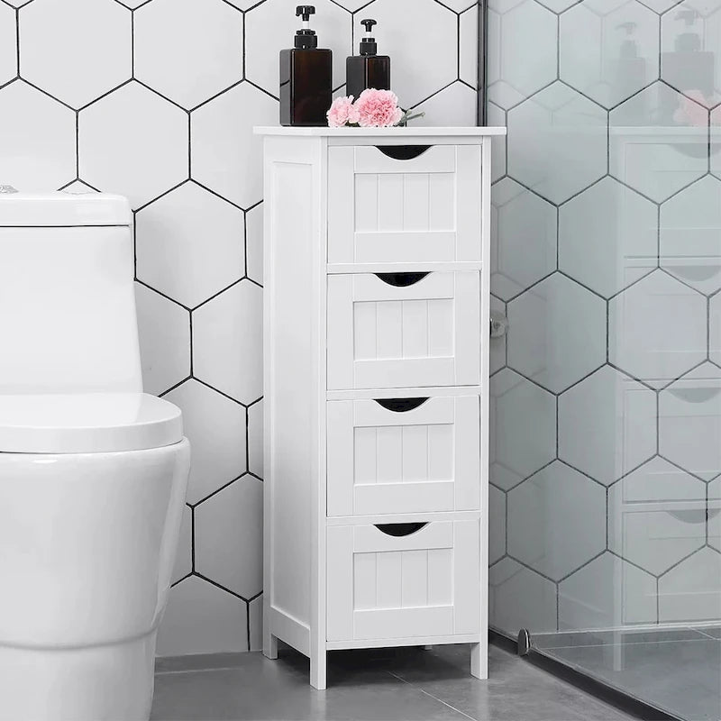 Meuble de Rangement Mince à 4 Tiroirs en MDF Blanc pour Salle de Bain, Chambre et Salon