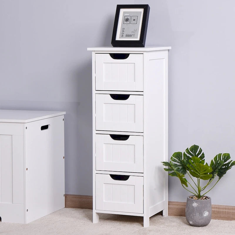 Meuble de Rangement Mince à 4 Tiroirs en MDF Blanc pour Salle de Bain, Chambre et Salon