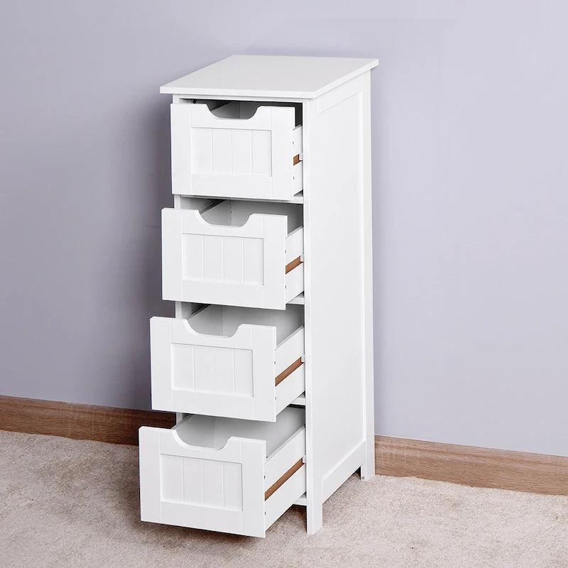 Meuble de Rangement Mince à 4 Tiroirs en MDF Blanc pour Salle de Bain, Chambre et Salon