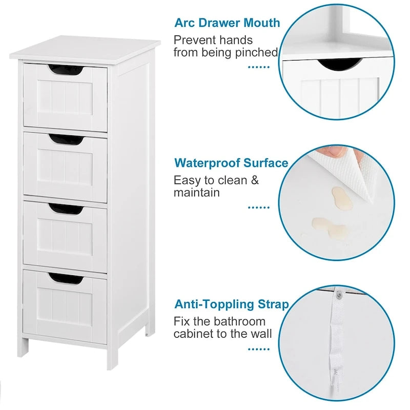 Meuble de Rangement Mince à 4 Tiroirs en MDF Blanc pour Salle de Bain, Chambre et Salon