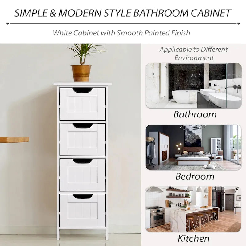 Meuble de Rangement Mince à 4 Tiroirs en MDF Blanc pour Salle de Bain, Chambre et Salon
