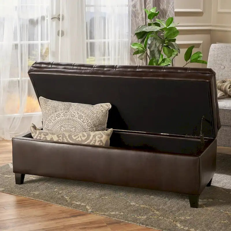 Banc de rangement capitonné avec couvercle à fermeture amortie