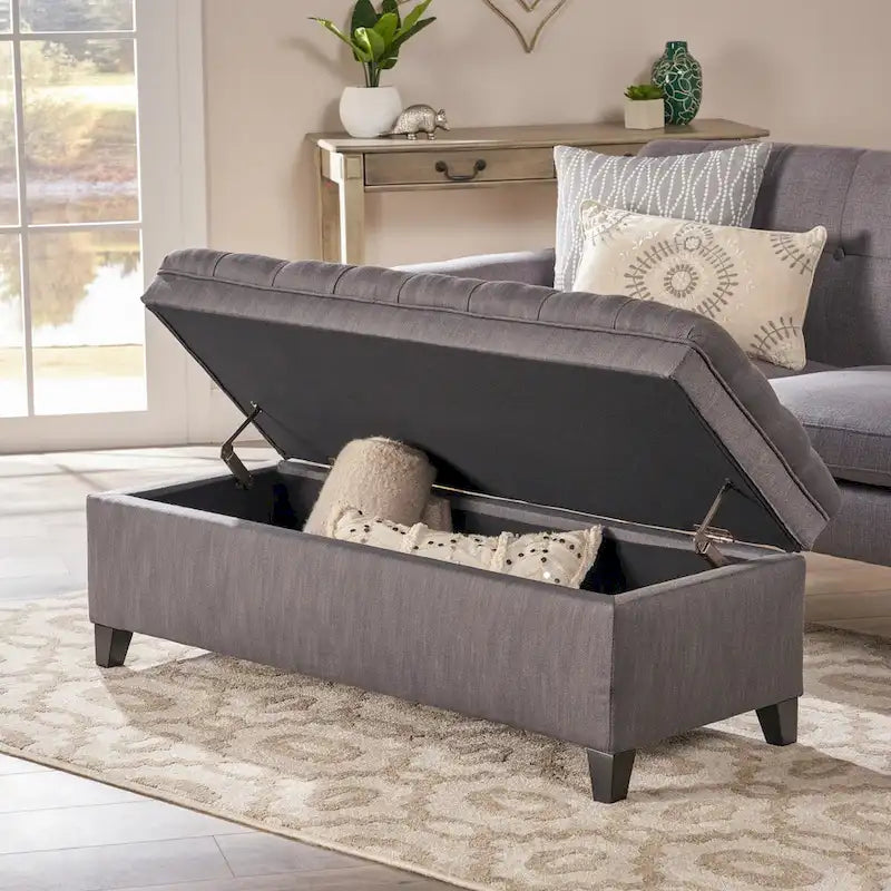 Banc de rangement capitonné avec couvercle à fermeture amortie