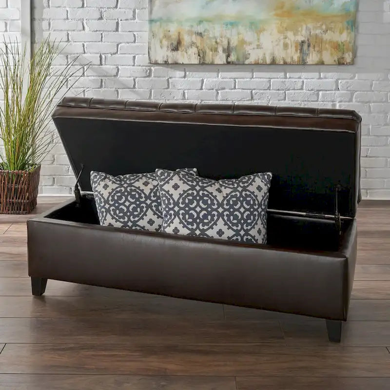 Banc de rangement capitonné avec couvercle à fermeture amortie
