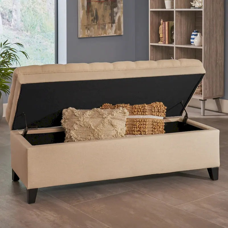 Banc de rangement capitonné avec couvercle à fermeture amortie