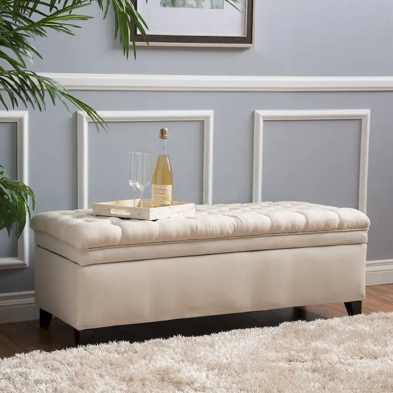 Banc de rangement capitonné avec couvercle à fermeture amortie