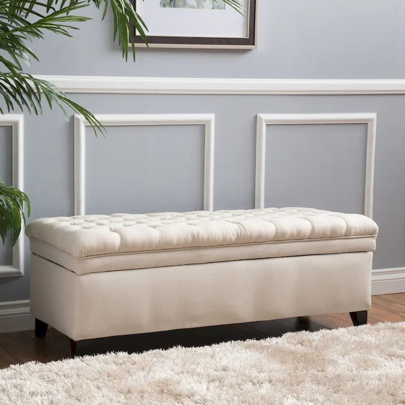 Banc de rangement capitonné avec couvercle à fermeture amortie
