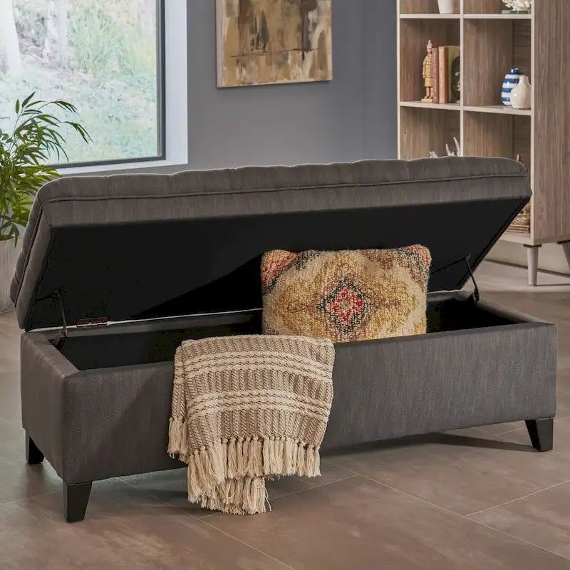 Banc de rangement capitonné avec couvercle à fermeture amortie