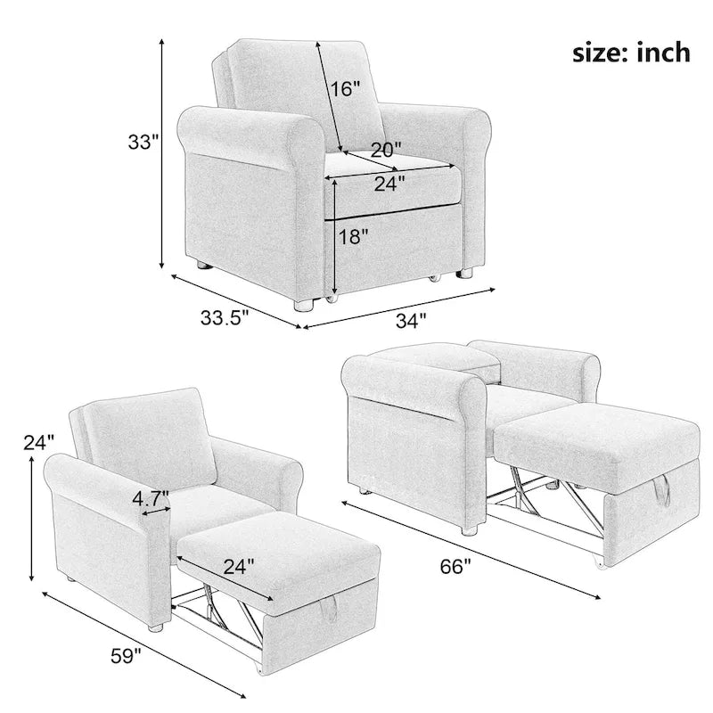 Fauteuil-lit convertible 3-en-1 – Canapé, chaise longue et lit avec dossier réglable