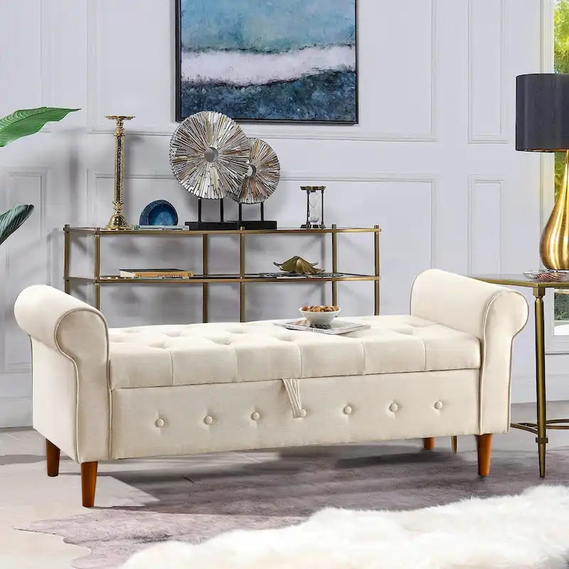 Banc de rangement capitonné de 157 cm avec accoudoirs roulés