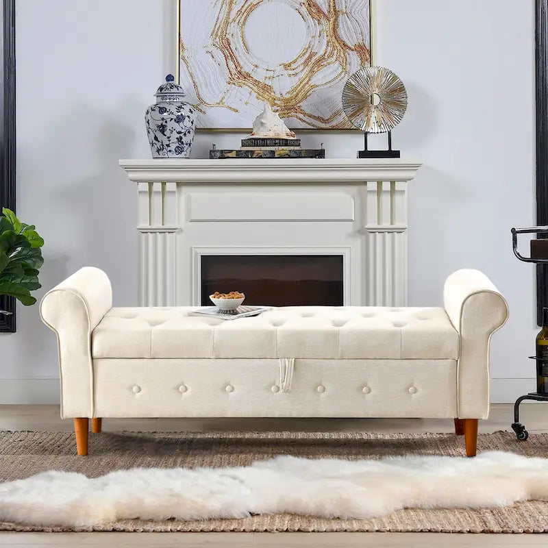 Banc de rangement capitonné de 157 cm avec accoudoirs roulés