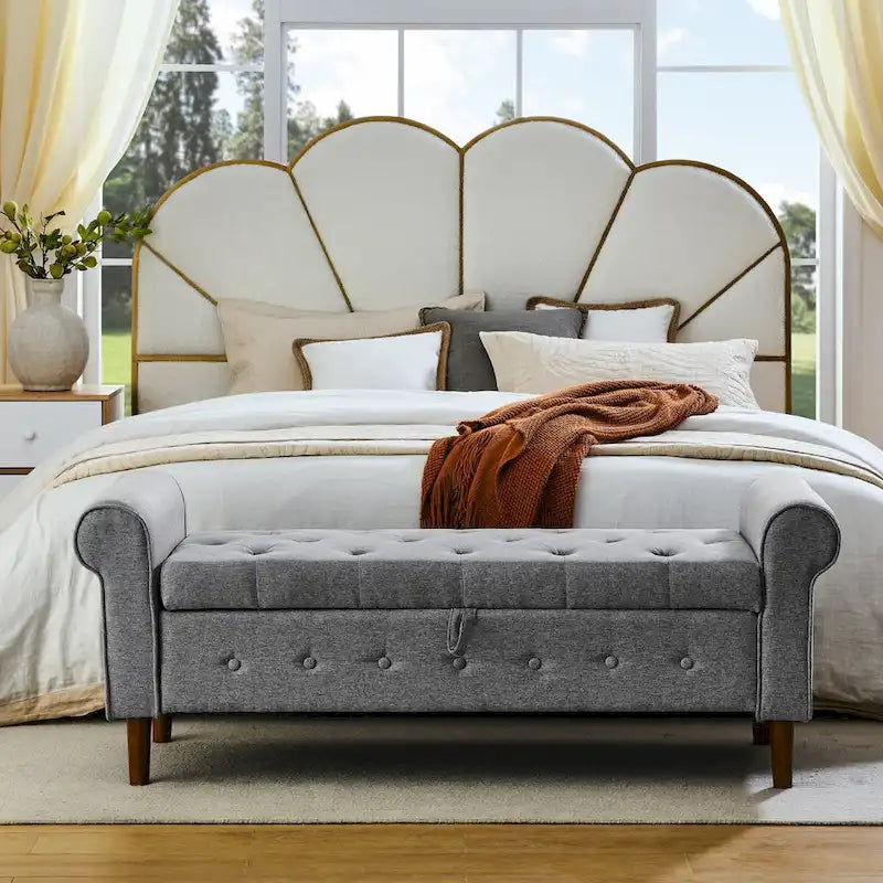 Banc de rangement capitonné de 157 cm avec accoudoirs roulés