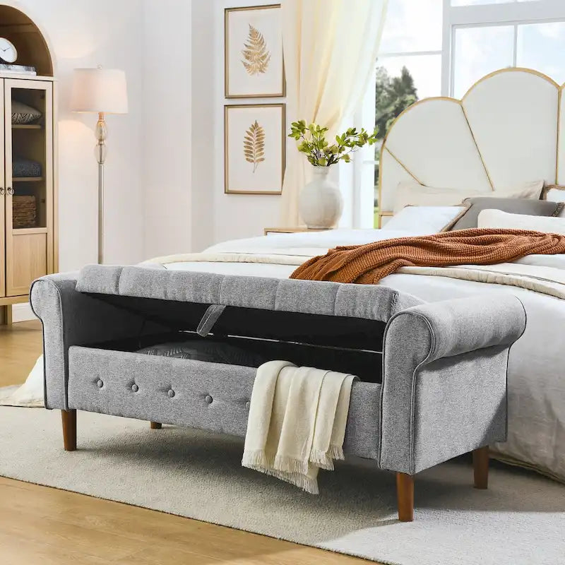 Banc de rangement capitonné de 157 cm avec accoudoirs roulés