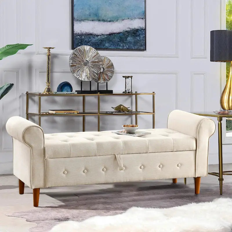 Banc de rangement capitonné de 157 cm avec accoudoirs roulés