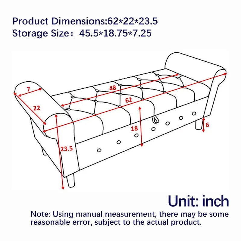 Banc de rangement capitonné de 157 cm avec accoudoirs roulés