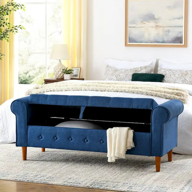 Banc de rangement capitonné de 157 cm avec accoudoirs roulés