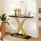 Console moderne effet marbre avec piètement en métal doré pour entrée et salon