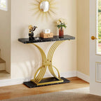 Console moderne effet marbre avec piètement en métal doré pour entrée et salon