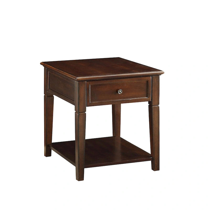 Table d'appoint rectangulaire en noyer avec tiroir et étagère
