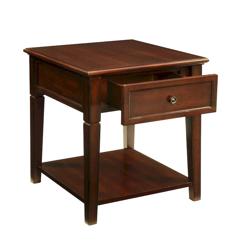 Table d'appoint rectangulaire en noyer avec tiroir et étagère