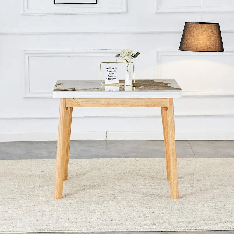Bureau pliable avec plateau en pierre frittée imitation marbre et pieds en bois d'hévéa