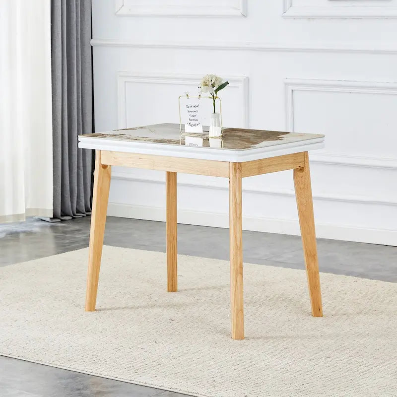 Bureau pliable avec plateau en pierre frittée imitation marbre et pieds en bois d'hévéa