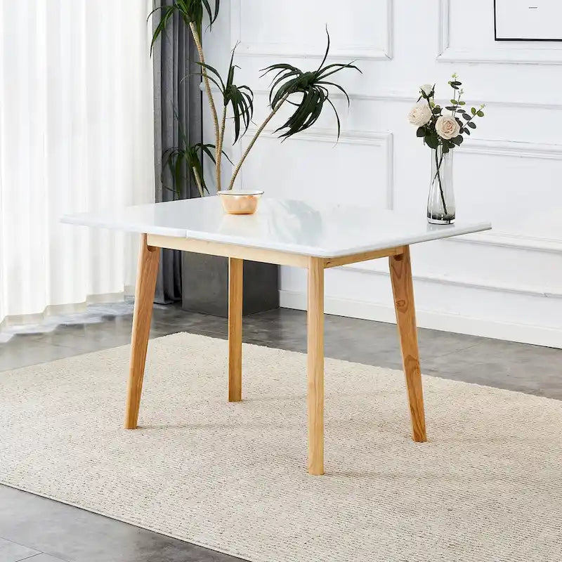 Bureau pliable avec plateau en pierre frittée imitation marbre et pieds en bois d'hévéa