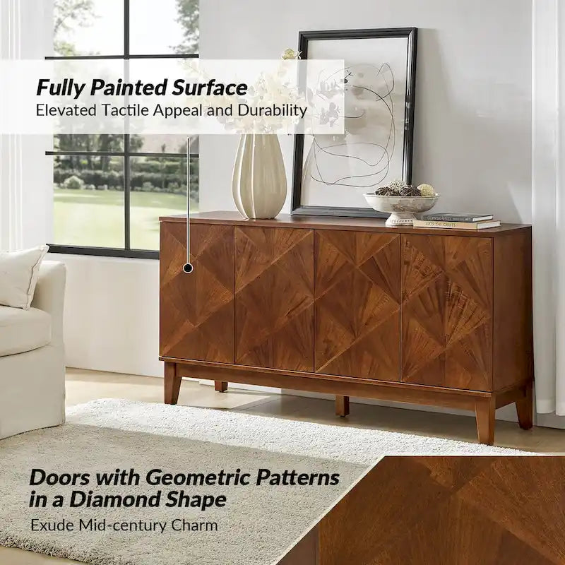 Enfilade géométrique Mid-Century avec étagères réglables, 152 cm