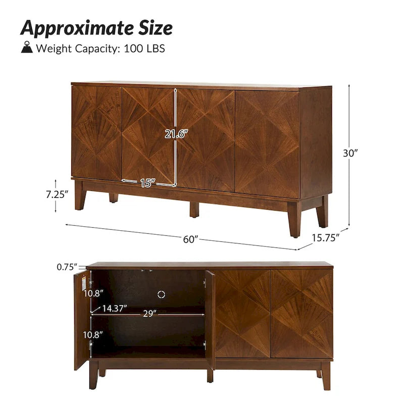 Enfilade géométrique Mid-Century avec étagères réglables, 152 cm