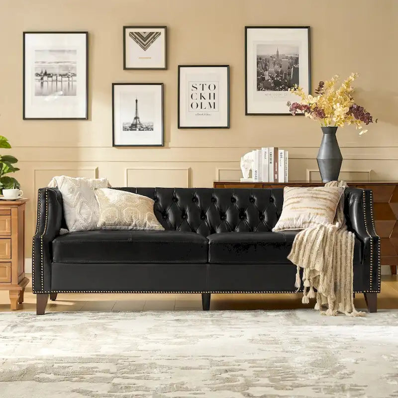 Canapé Chesterfield en cuir véritable avec capitonnage, clous décoratifs et pieds en bois massif