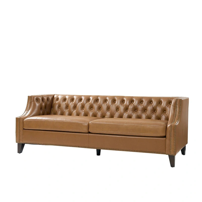 Canapé Chesterfield en cuir véritable avec capitonnage, clous décoratifs et pieds en bois massif