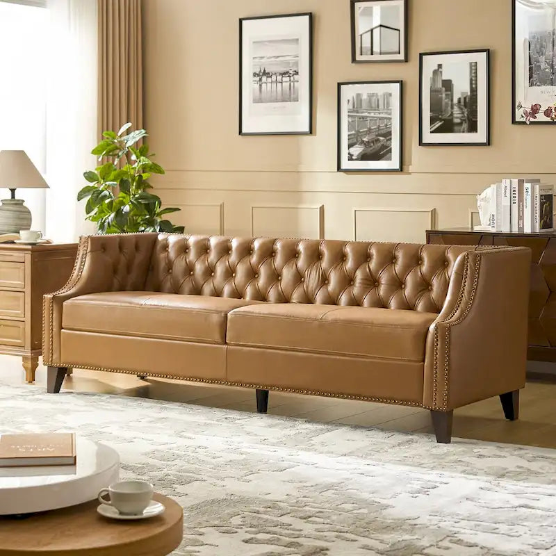 Canapé Chesterfield en cuir véritable avec capitonnage, clous décoratifs et pieds en bois massif