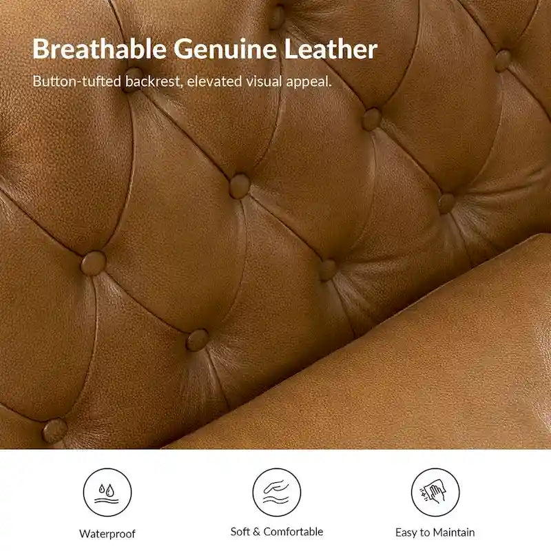 Canapé Chesterfield en cuir véritable avec capitonnage, clous décoratifs et pieds en bois massif