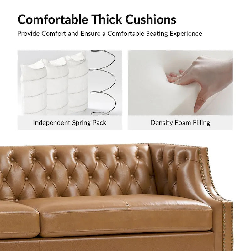 Canapé Chesterfield en cuir véritable avec capitonnage, clous décoratifs et pieds en bois massif