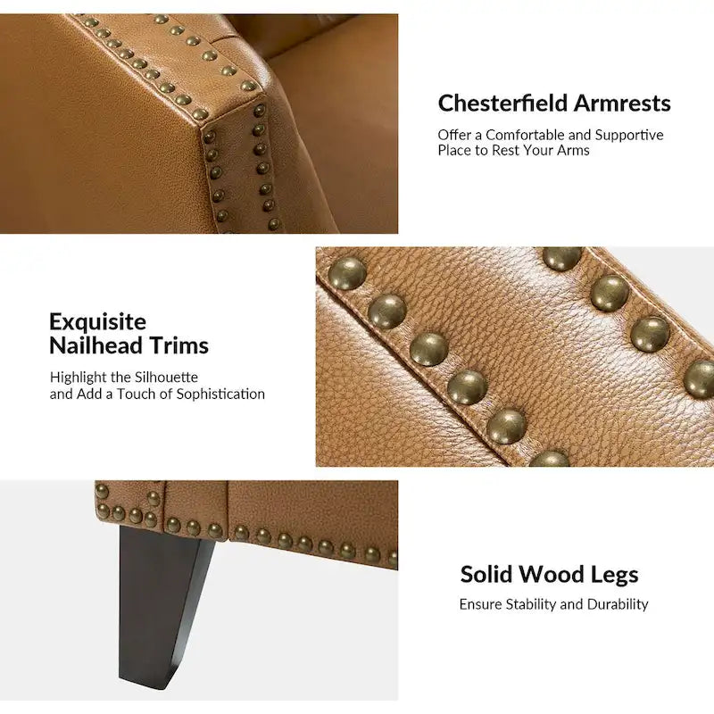 Canapé Chesterfield en cuir véritable avec capitonnage, clous décoratifs et pieds en bois massif
