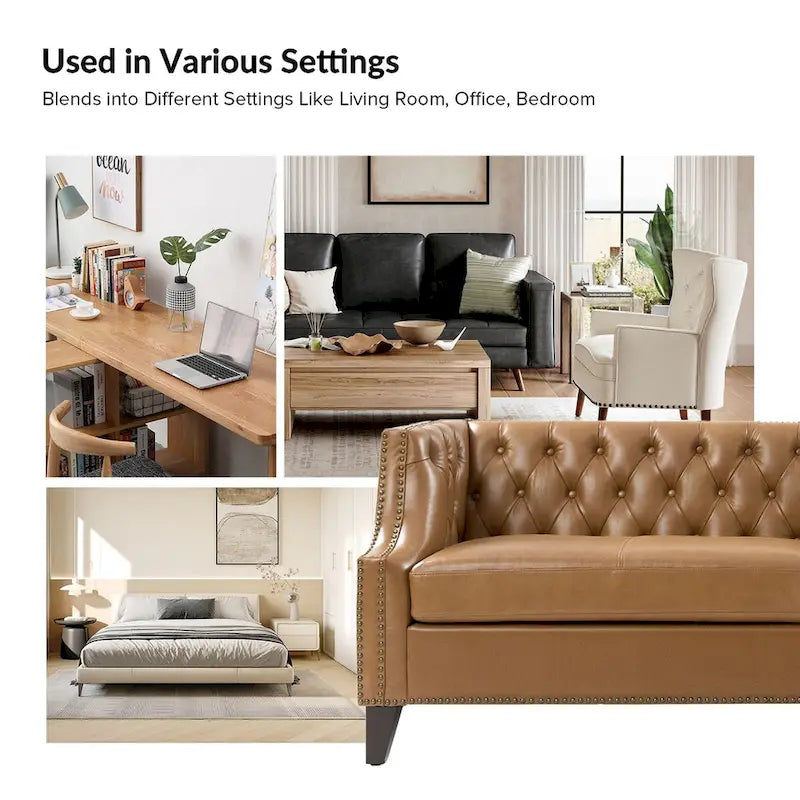 Canapé Chesterfield en cuir véritable avec capitonnage, clous décoratifs et pieds en bois massif