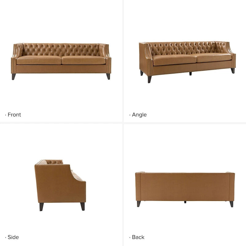 Canapé Chesterfield en cuir véritable avec capitonnage, clous décoratifs et pieds en bois massif