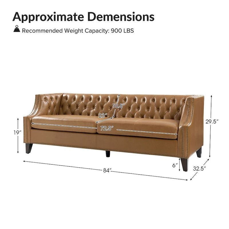 Canapé Chesterfield en cuir véritable avec capitonnage, clous décoratifs et pieds en bois massif