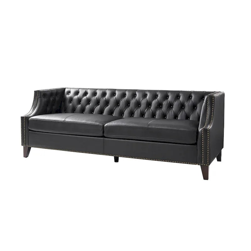 Canapé Chesterfield en cuir véritable avec capitonnage, clous décoratifs et pieds en bois massif