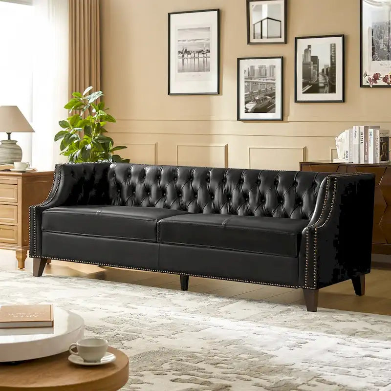 Canapé Chesterfield en cuir véritable avec capitonnage, clous décoratifs et pieds en bois massif
