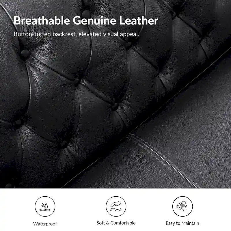 Canapé Chesterfield en cuir véritable avec capitonnage, clous décoratifs et pieds en bois massif
