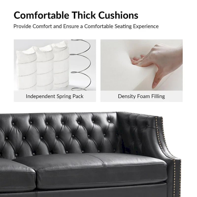 Canapé Chesterfield en cuir véritable avec capitonnage, clous décoratifs et pieds en bois massif