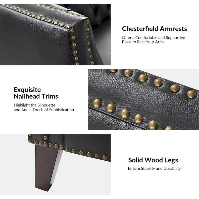 Canapé Chesterfield en cuir véritable avec capitonnage, clous décoratifs et pieds en bois massif